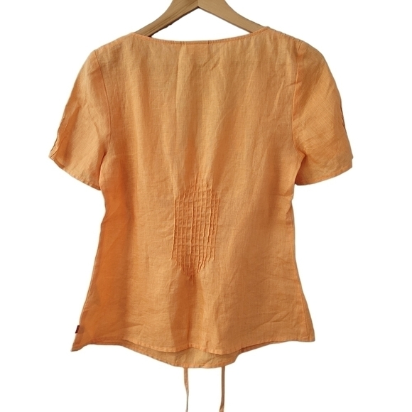 Linen SS Tie Waist Blouse Orange Light Pleated V-Neck Tunic SZ 2 - Picture 5 of 9
